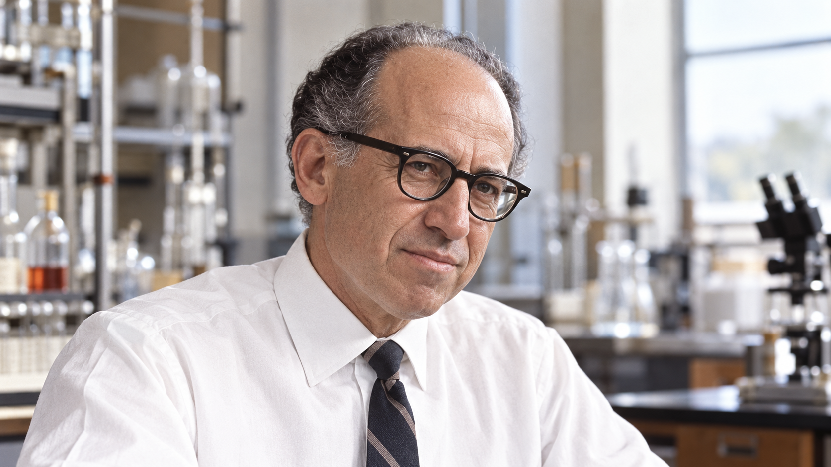 AI-generated realistic portrait of Jonas Salk in a mid-century research laboratory.
