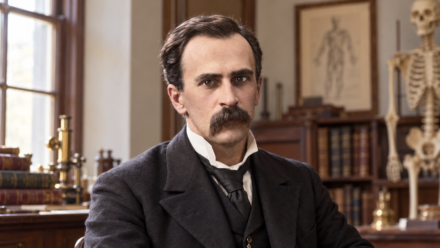 AI-generated realistic portrait of William Osler in a Victorian medical study.