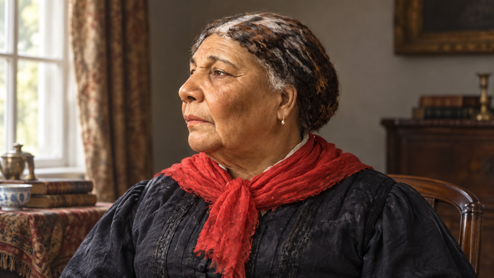 AI-generated realistic portrait of Mary Seacole in a nineteenth-century portrait setting.