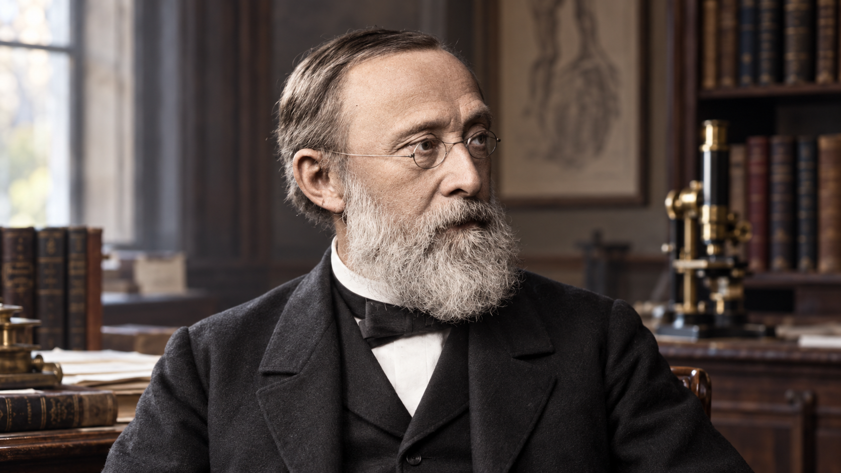 AI-generated realistic portrait of Rudolf Virchow in a nineteenth-century medical study.