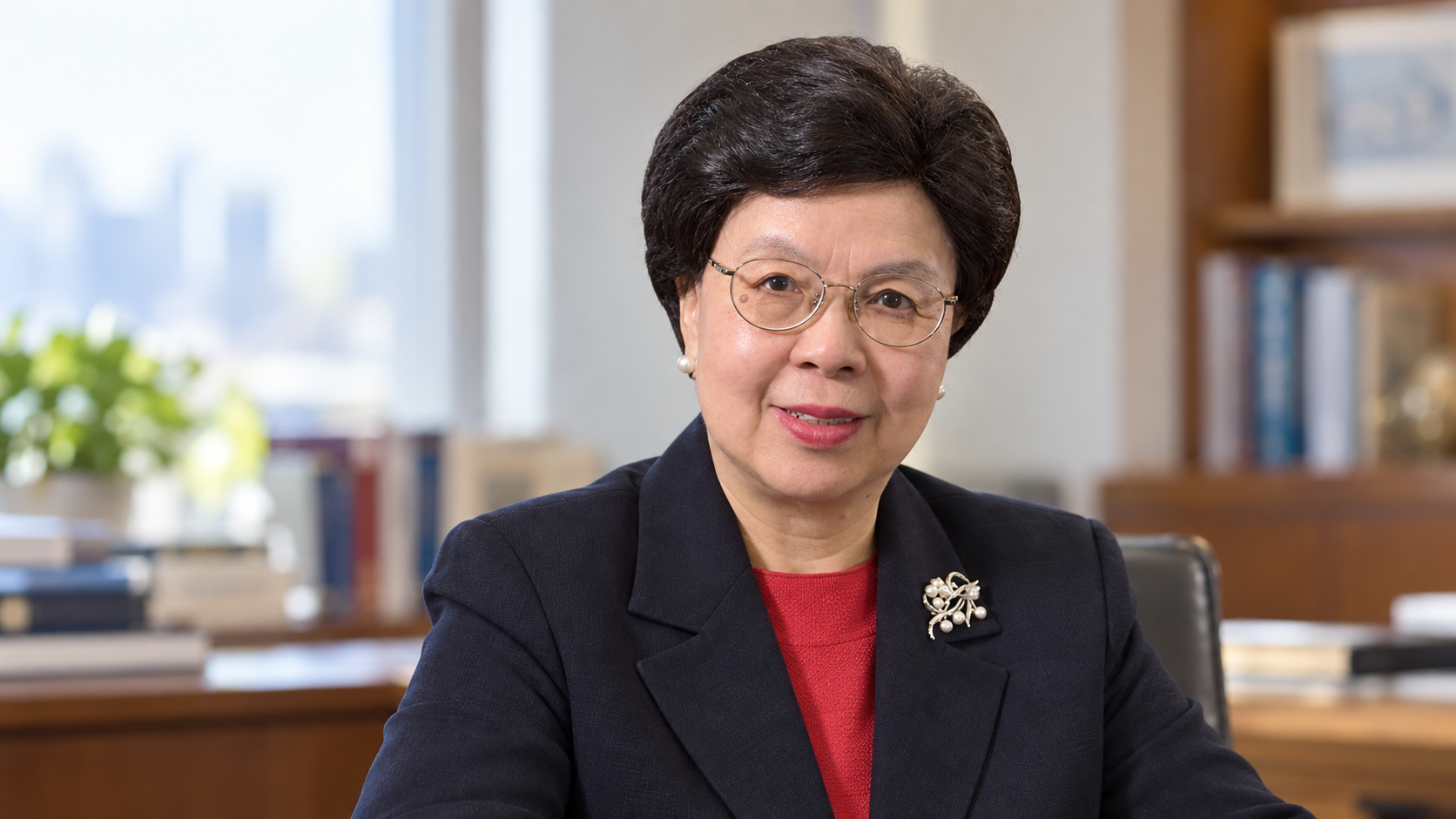 AI-generated realistic portrait of Margaret Chan in a public-health office.