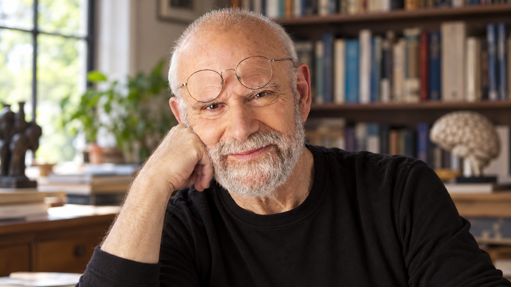 AI-generated realistic portrait of Oliver Sacks in a neurologist’s study.
