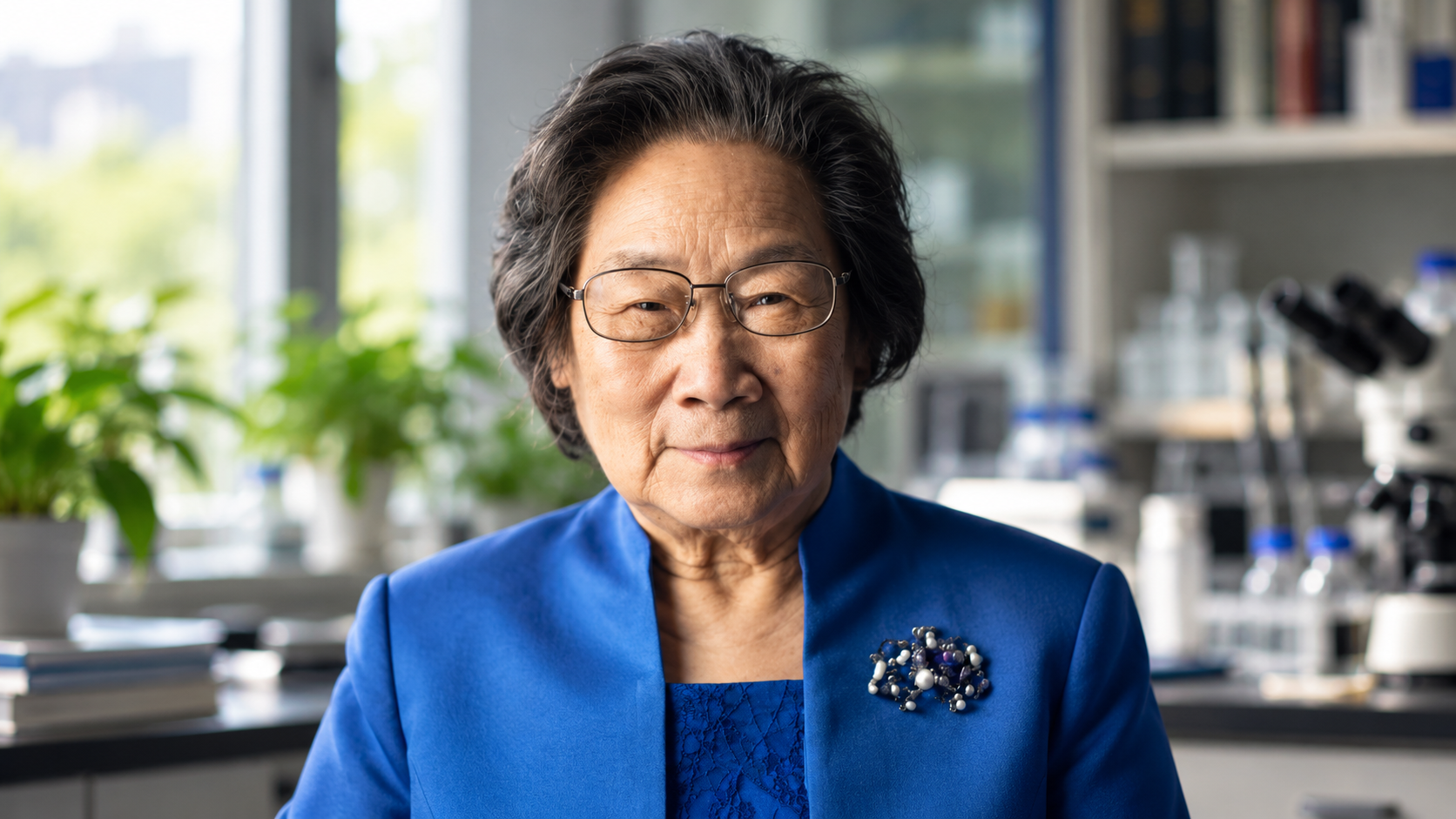 AI-generated realistic portrait of Tu Youyou in a biomedical research office.