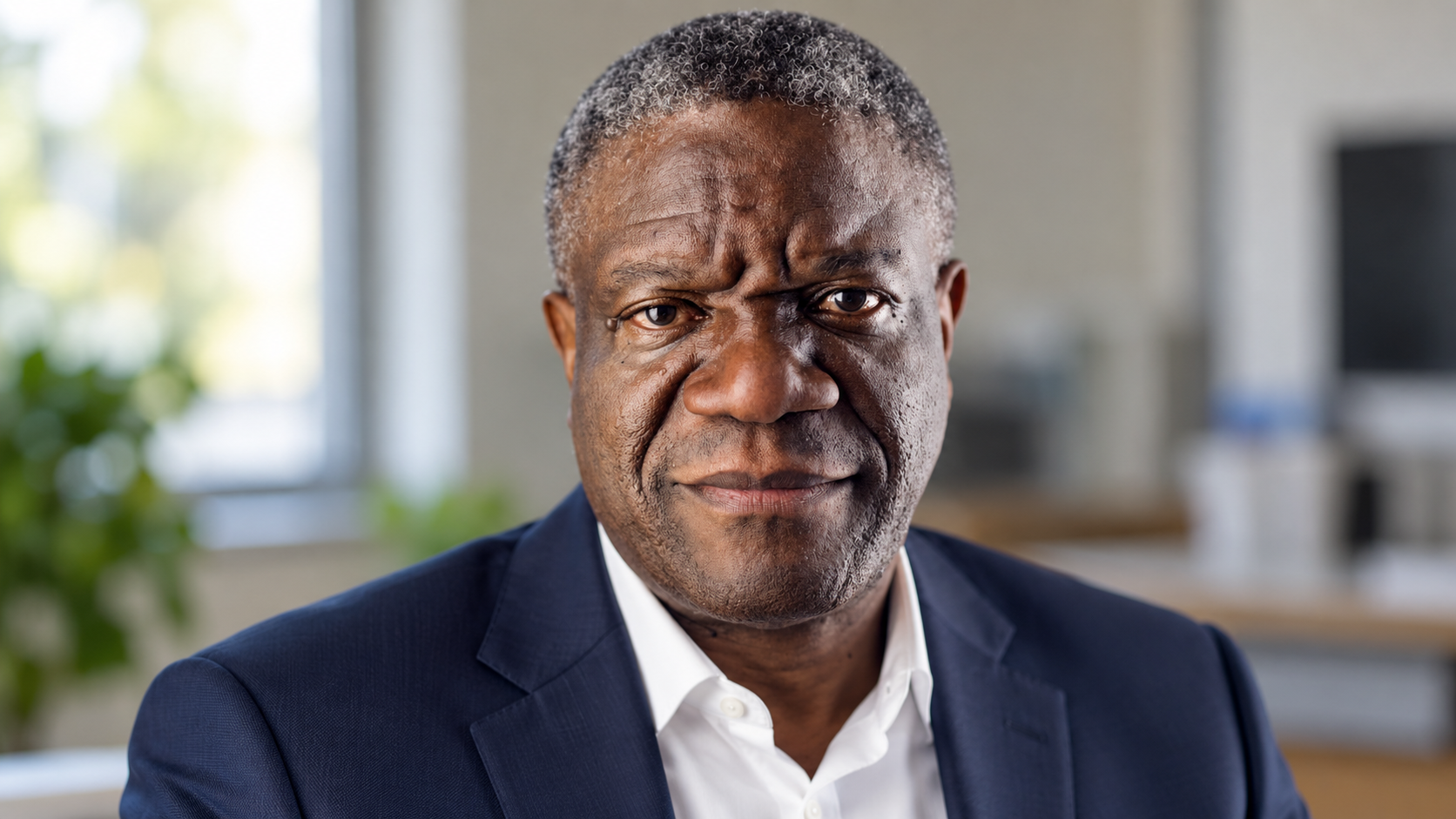 AI-generated realistic portrait of Denis Mukwege in a clinical office.