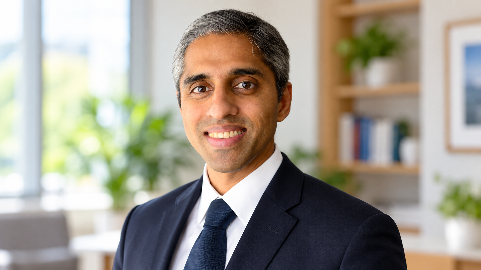 AI-generated realistic portrait of Vivek Murthy in a public-health office.