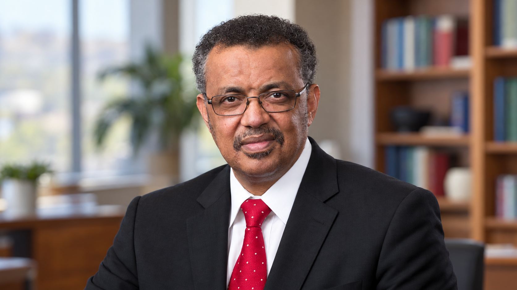 AI-generated realistic portrait of Tedros Adhanom Ghebreyesus in a quiet office with books and natural light.
