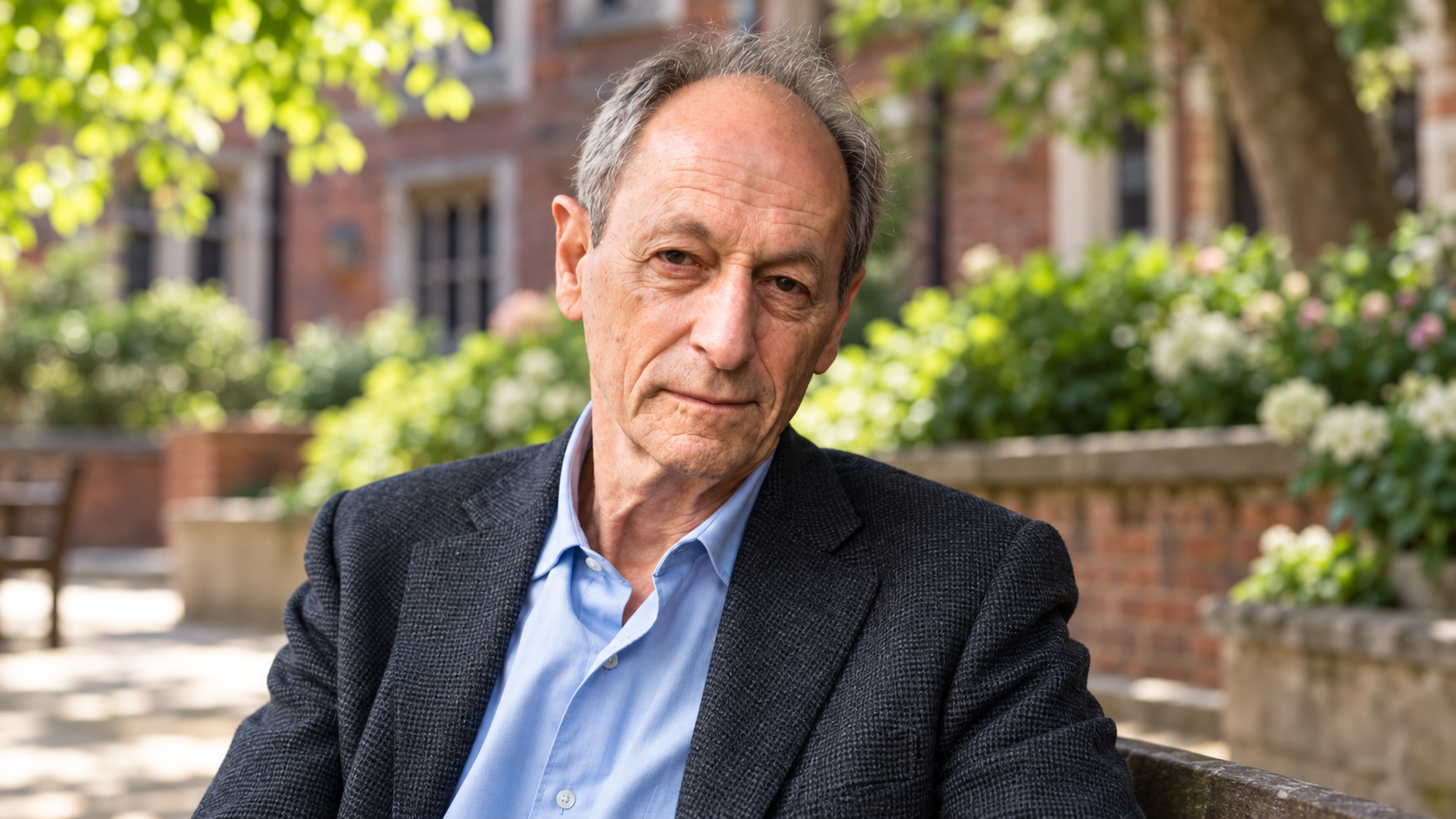 AI-generated realistic portrait of Michael Marmot in a university courtyard with brickwork and greenery.