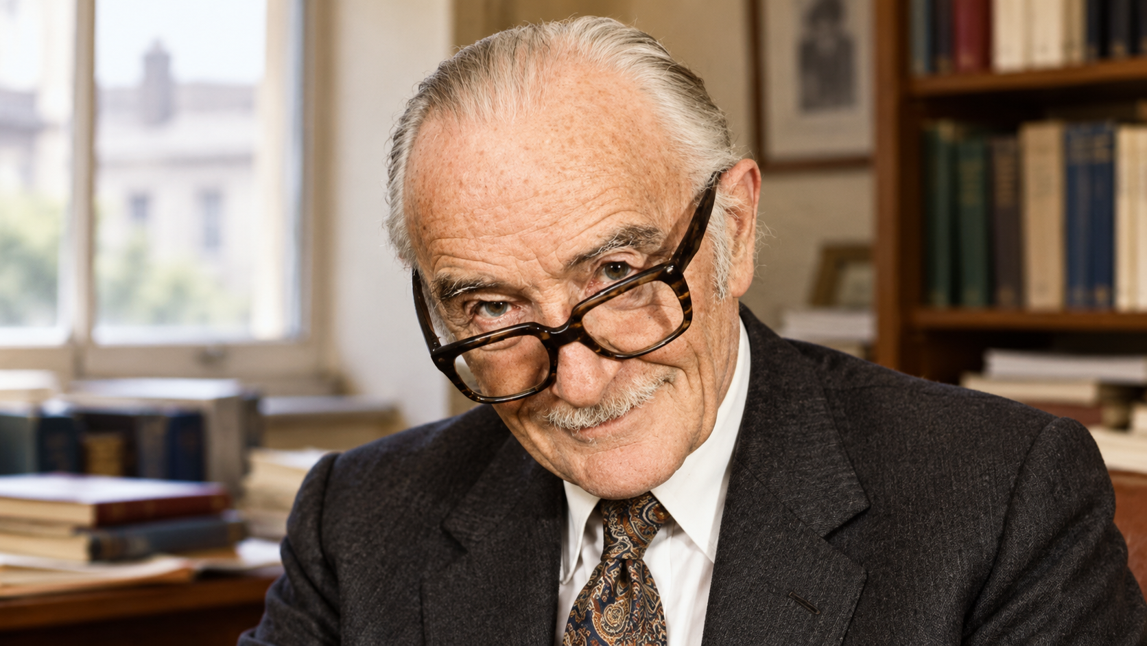 AI-generated realistic portrait of Archie Cochrane in a softly lit academic study.