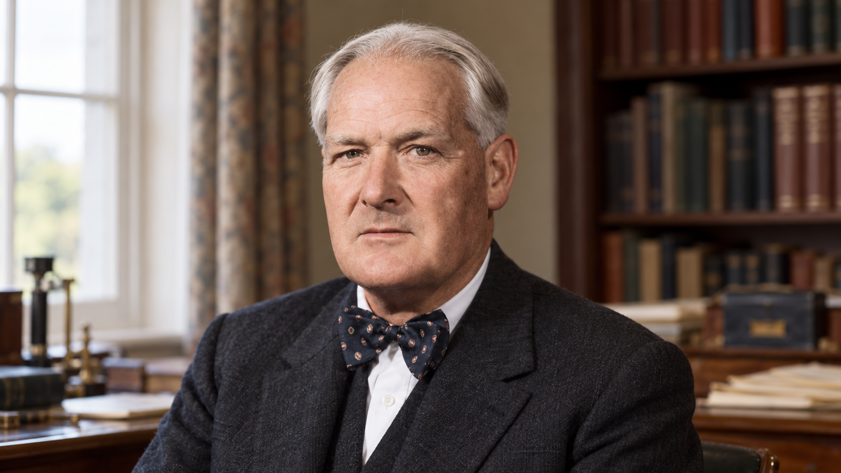 AI-generated realistic portrait of Austin Bradford Hill in a quiet mid-century academic office.