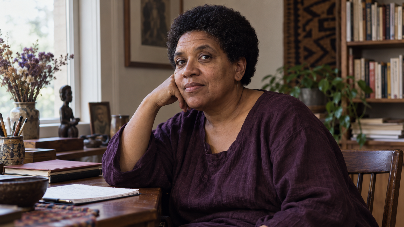 AI-generated realistic portrait of Audre Lorde seated beside a writing desk in a late-1980s study.