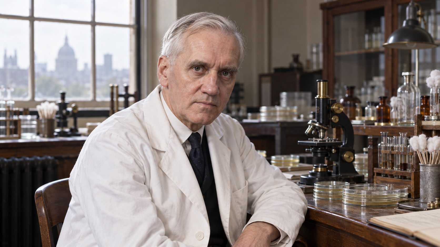 AI-generated realistic portrait of Alexander Fleming in a recreated 1945 London bacteriology laboratory.