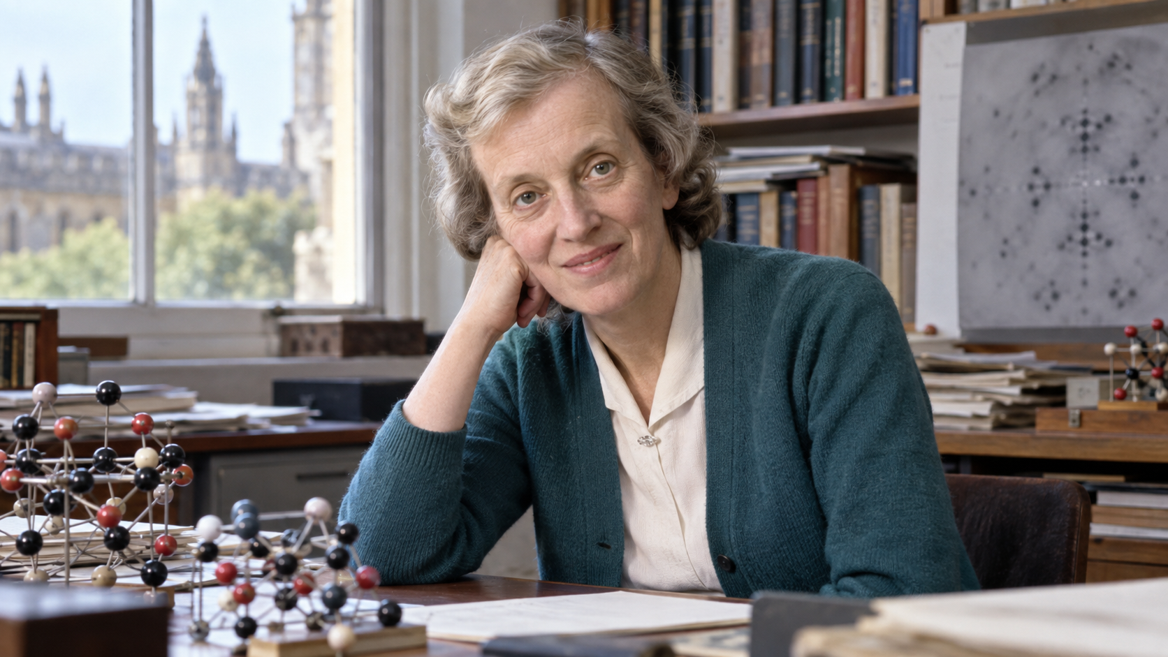 AI-generated realistic portrait of Dorothy Hodgkin in a recreated Oxford crystallography study, mid-1960s.