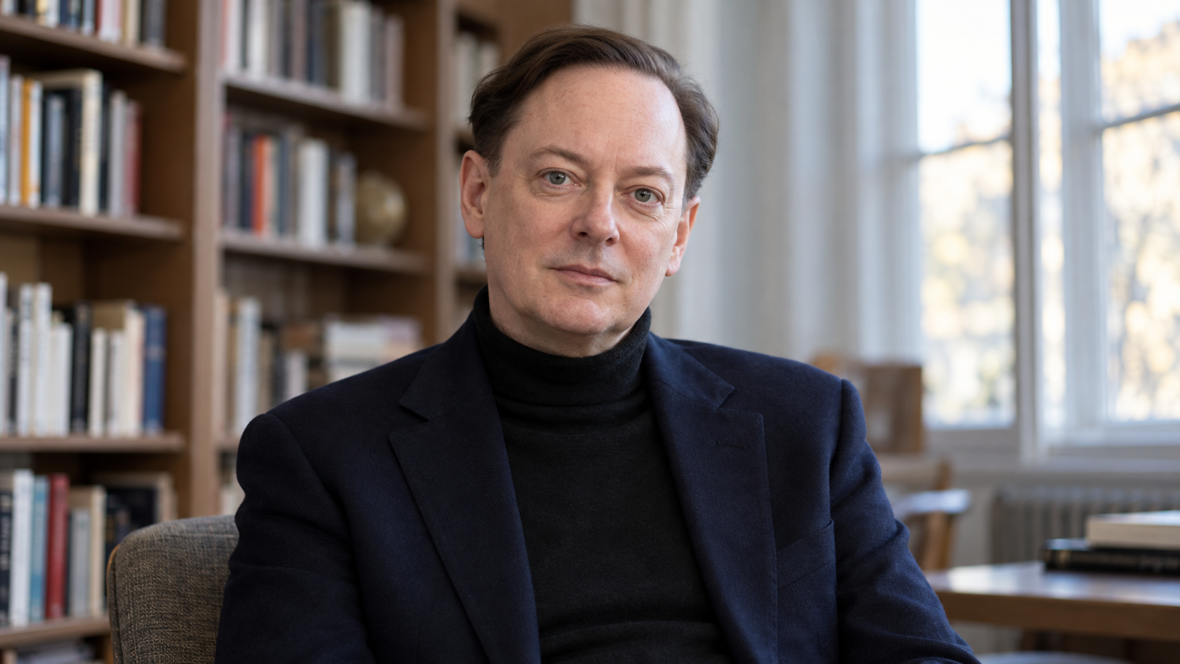 AI-generated realistic portrait of Andrew Solomon in a recreated 2013 library setting.