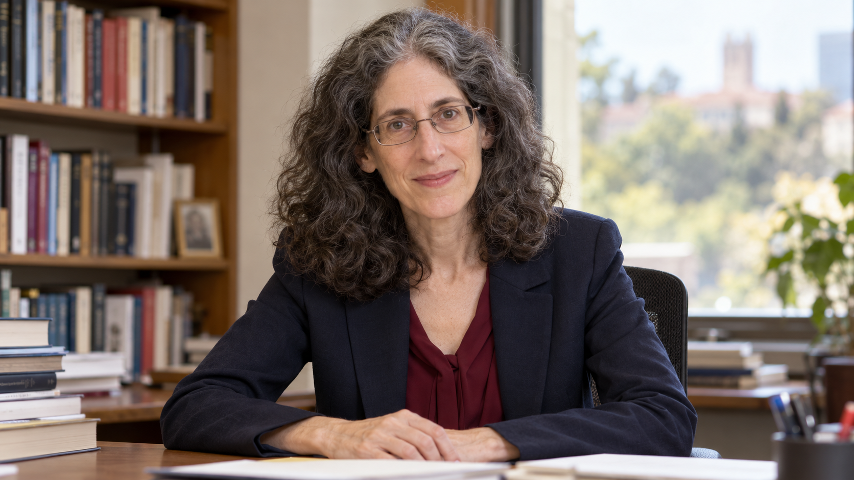 AI-generated realistic portrait of Elyn Saks in a recreated 2012 university office.