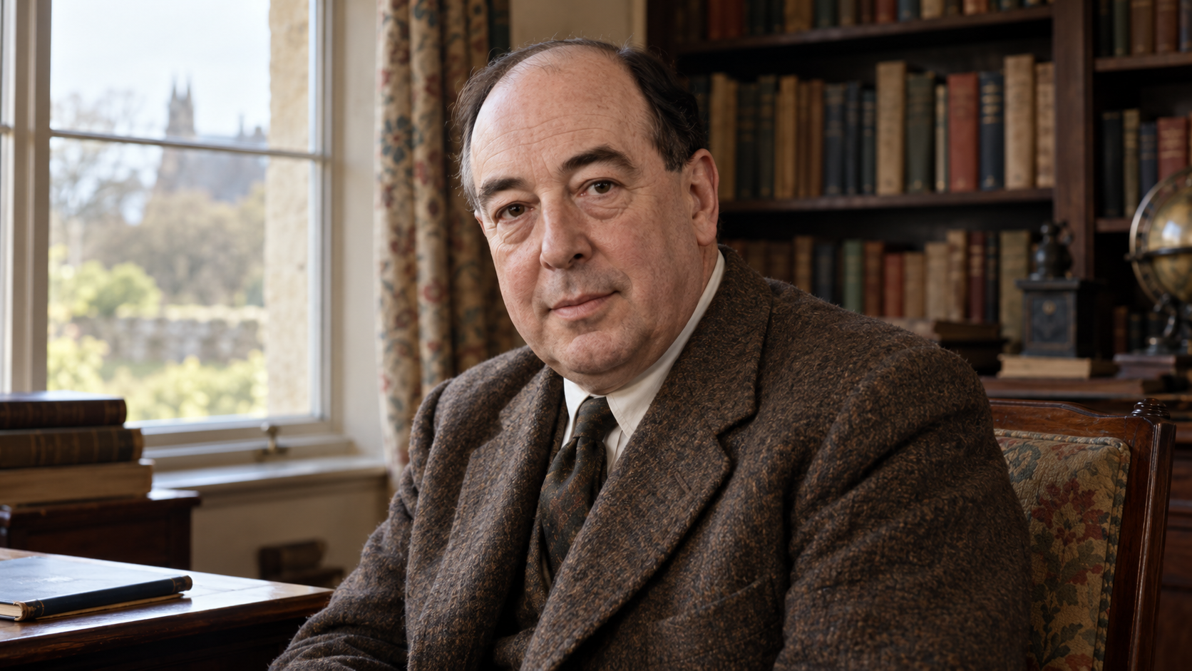 AI-generated realistic portrait of C. S. Lewis in a recreated 1961 English study.