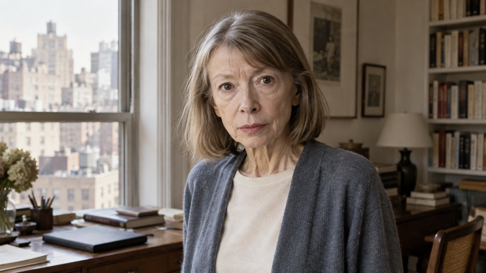 AI-generated realistic portrait of Joan Didion in a recreated 2005 New York writing room.