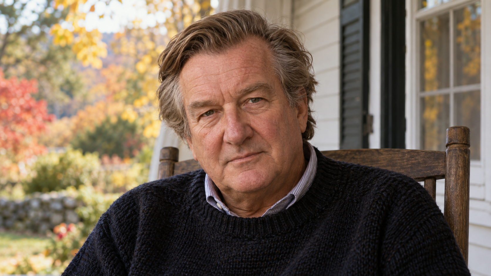 AI-generated realistic portrait of William Styron in a recreated 1989 Connecticut farmhouse porch.