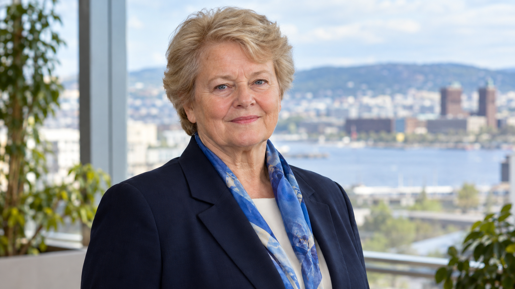 AI-generated realistic portrait of Gro Harlem Brundtland in a recreated 2003 Oslo public-health conference.