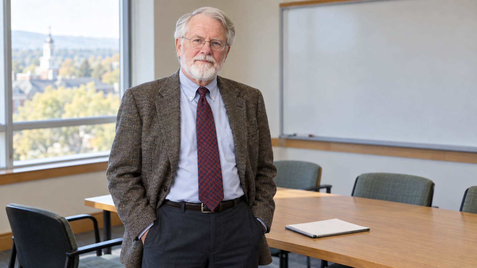 AI-generated realistic portrait of Paul Batalden in a recreated 2009 Dartmouth medical teaching meeting room.