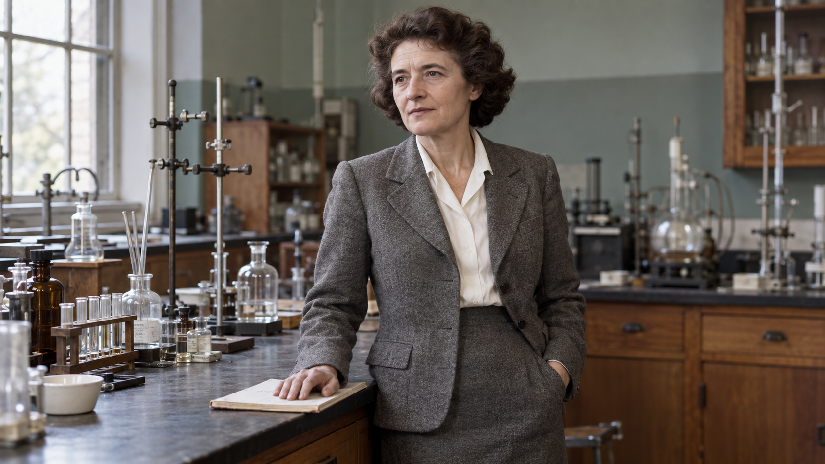 AI-generated realistic portrait of Gerty Cori in a recreated 1951 Washington University biochemistry laboratory.