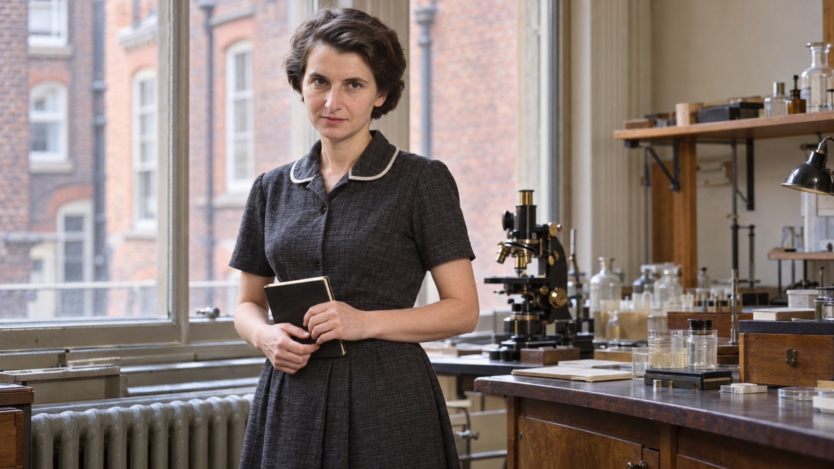 AI-generated realistic portrait of Rosalind Franklin in a recreated 1955 Birkbeck university laboratory.
