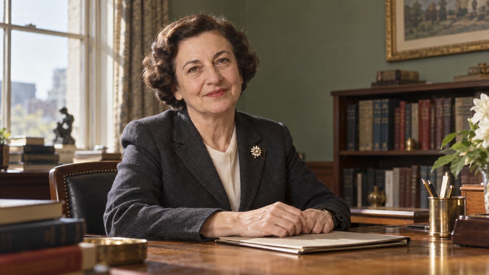 AI-generated realistic portrait of Mary Lasker in a recreated 1957 medical research advocacy office.