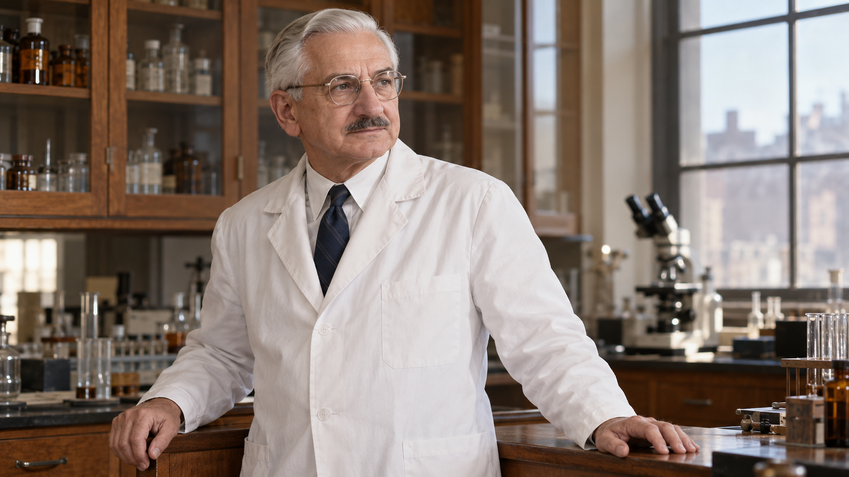 AI-generated realistic portrait of Albert Sabin in a recreated mid-1960s university virology laboratory.