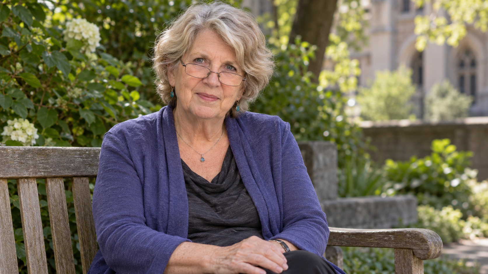 AI-generated realistic portrait of Marsha Linehan in a recreated university garden.