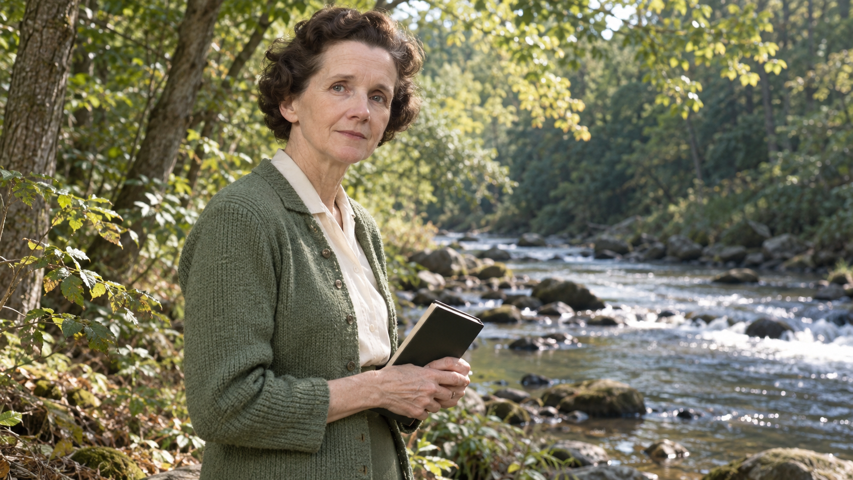 AI-generated realistic portrait of Rachel Carson in a recreated 1962 wooded stream bank.