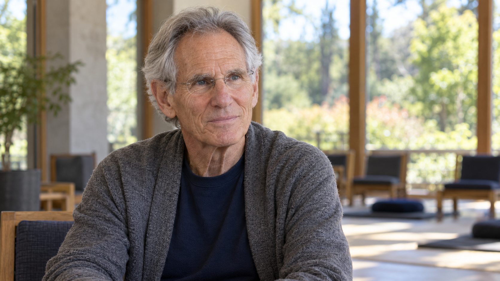 AI-generated realistic portrait of Jon Kabat-Zinn in a recreated quiet university mindfulness center.