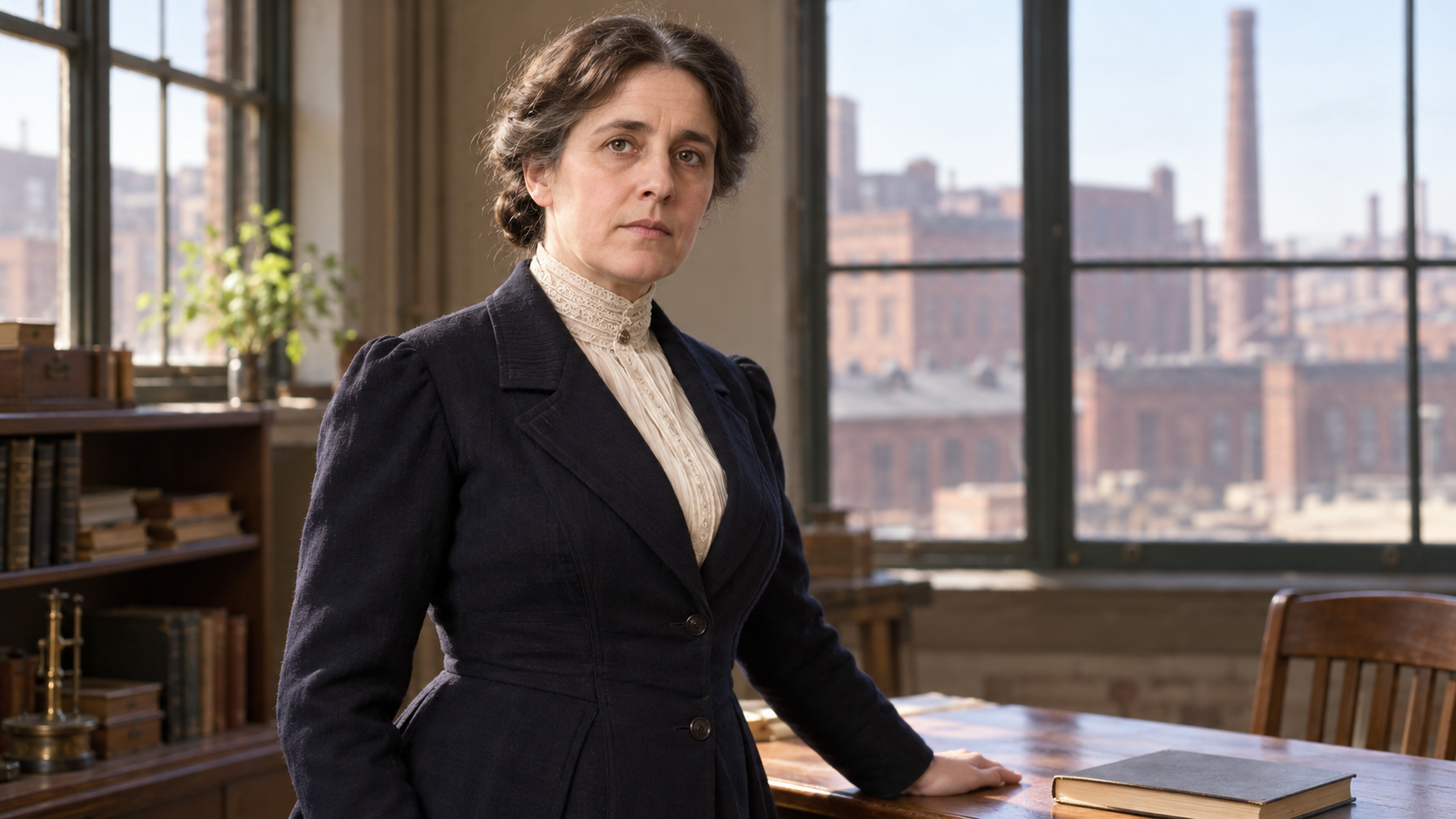 AI-generated realistic portrait of Alice Hamilton in a recreated 1911 industrial investigator office.