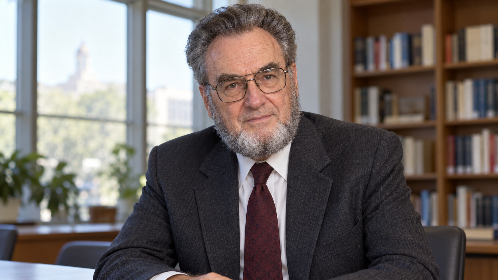 AI-generated realistic portrait of C. Everett Koop in a recreated 1980s public health seminar room.