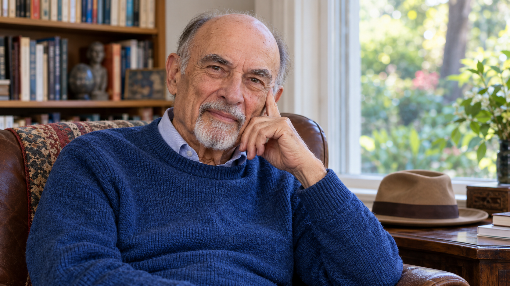 AI-generated realistic portrait of Irvin Yalom in a recreated quiet writing study.