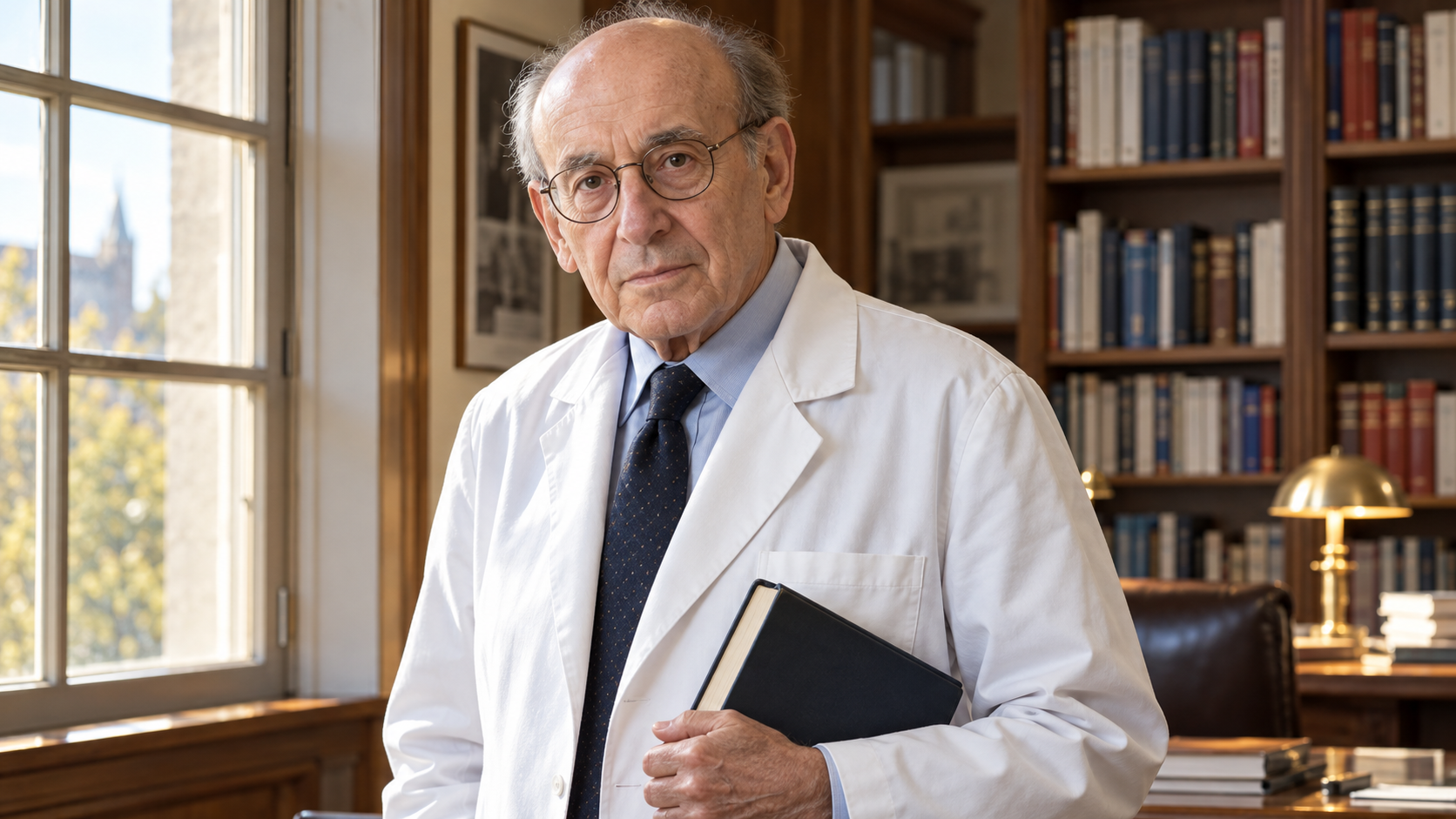 AI-generated realistic portrait of Bernard Lown in a recreated quiet medical library.