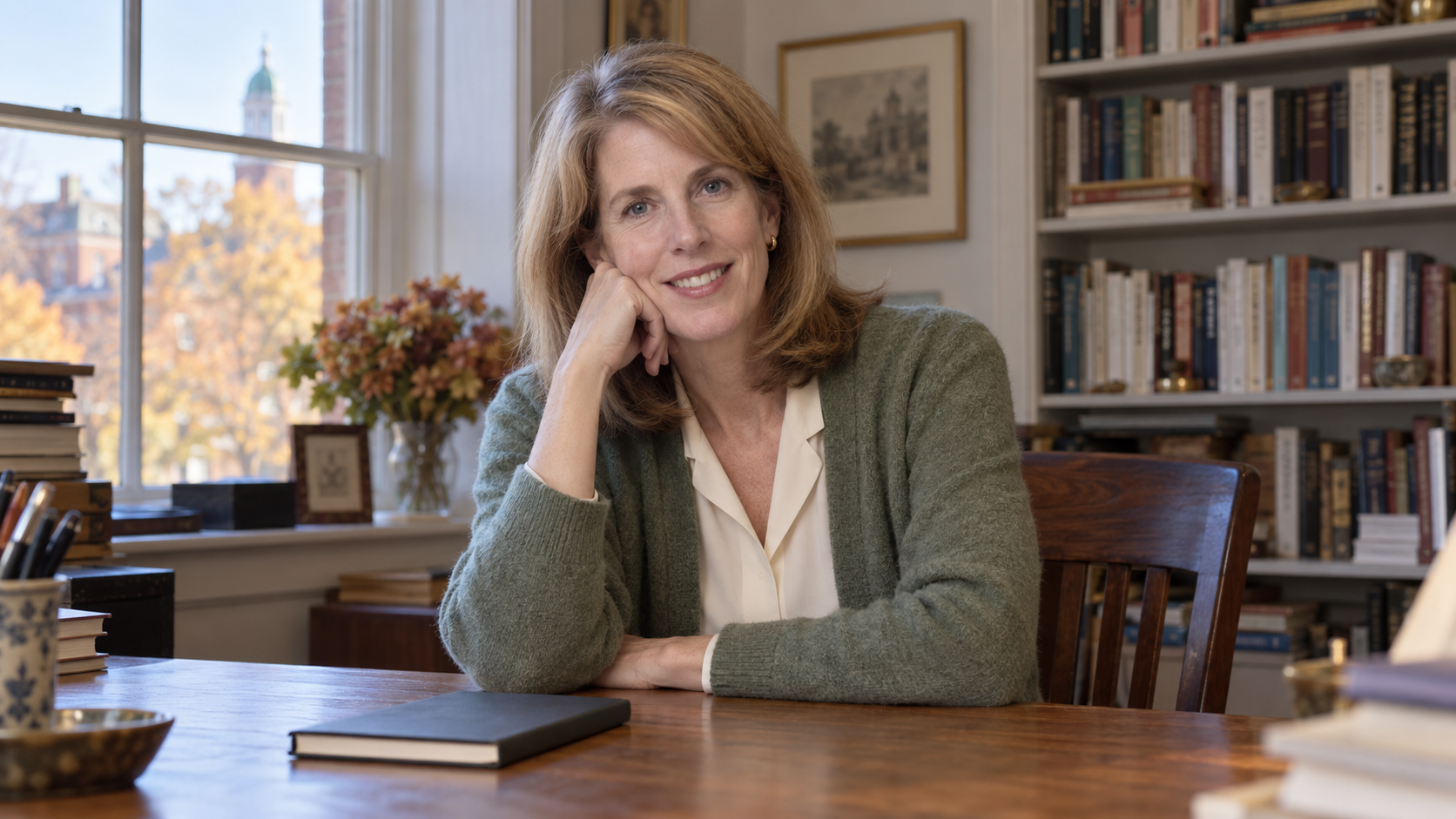 AI-generated realistic portrait of Kay Redfield Jamison in a recreated a quiet university writing office, recreated around 1995.