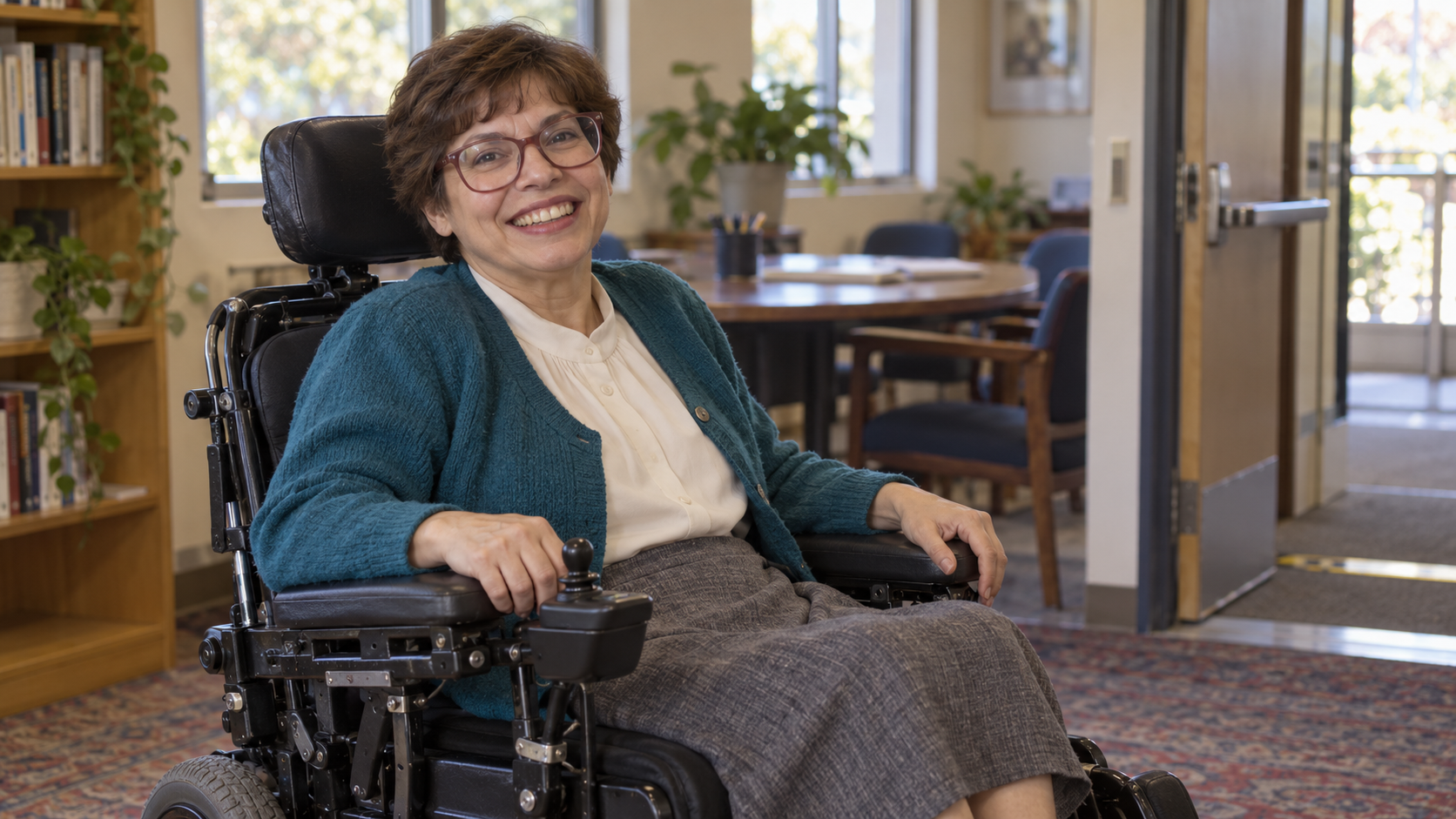 AI-generated realistic portrait of Judith Heumann in a recreated an accessible Berkeley community office, recreated circa 1987.