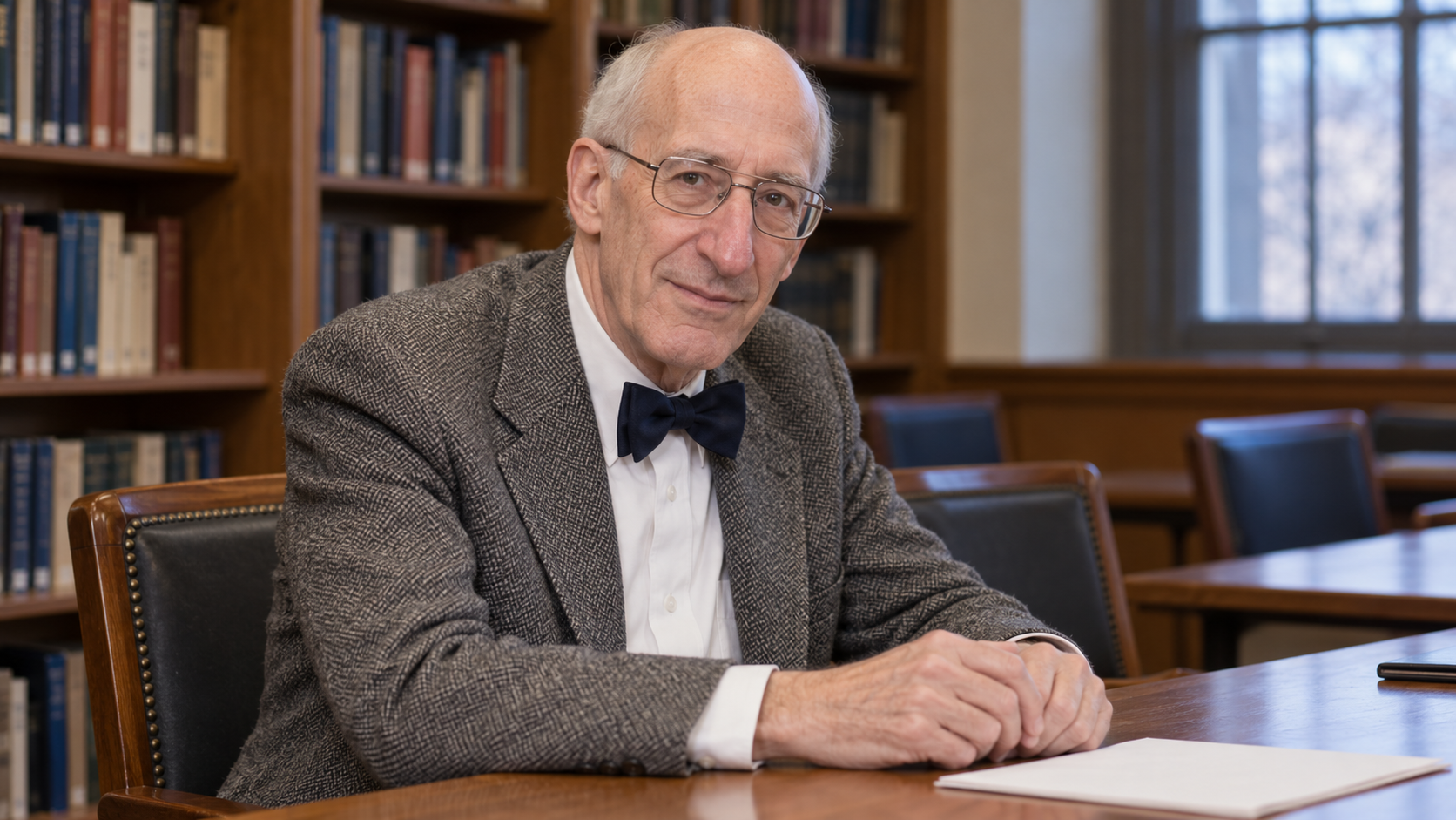AI-generated realistic portrait of George Libman Engel in a recreated a Rochester university seminar room, recreated circa 1977.