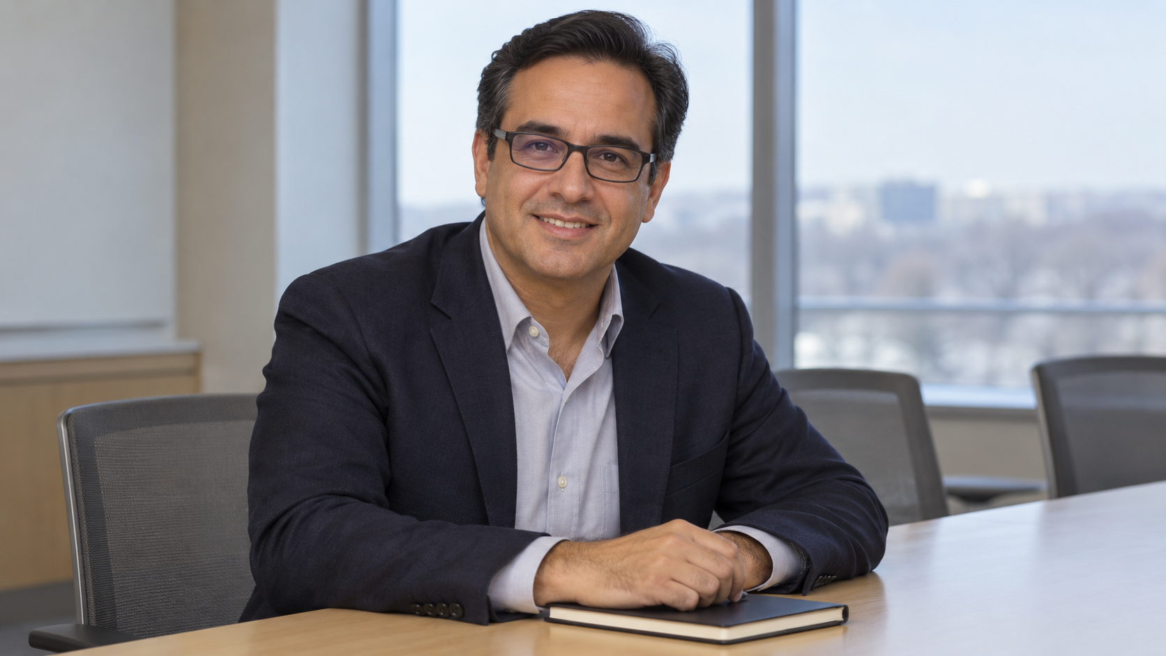 AI-generated realistic portrait of Victor Montori in a recreated a quiet clinical research meeting room, recreated circa 2013.