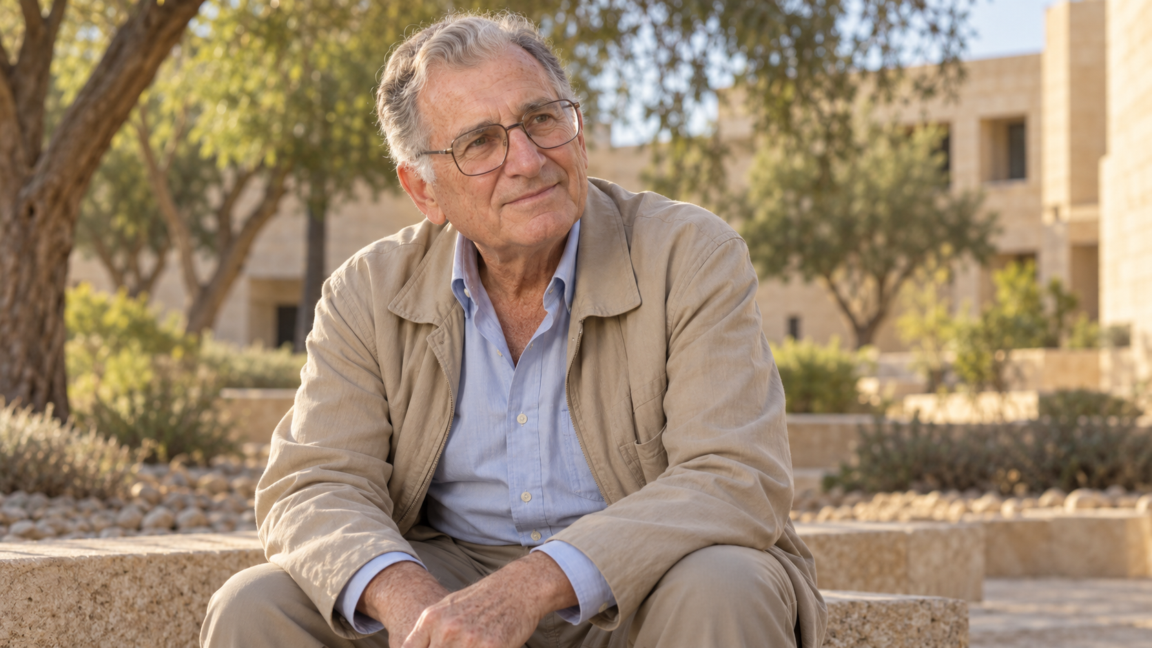 AI-generated realistic portrait of Aaron Antonovsky in a recreated a Ben-Gurion University courtyard, recreated in the early 1990s.