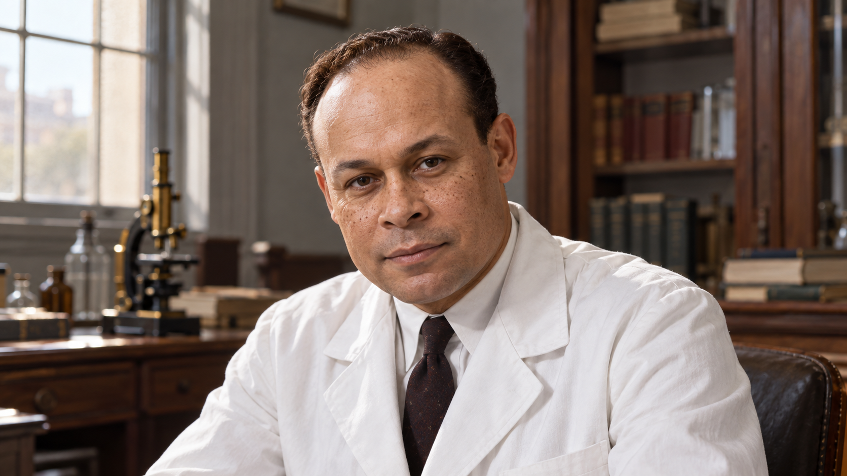 AI-generated realistic portrait of Charles R. Drew in a recreated 1940s medical teaching office.