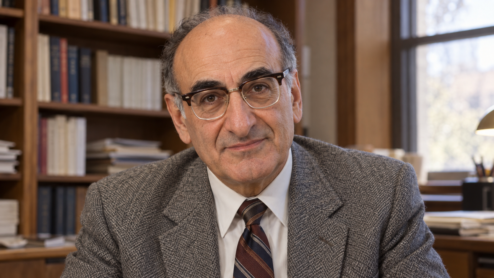 AI-generated realistic portrait of Avedis Donabedian in a recreated academic office.