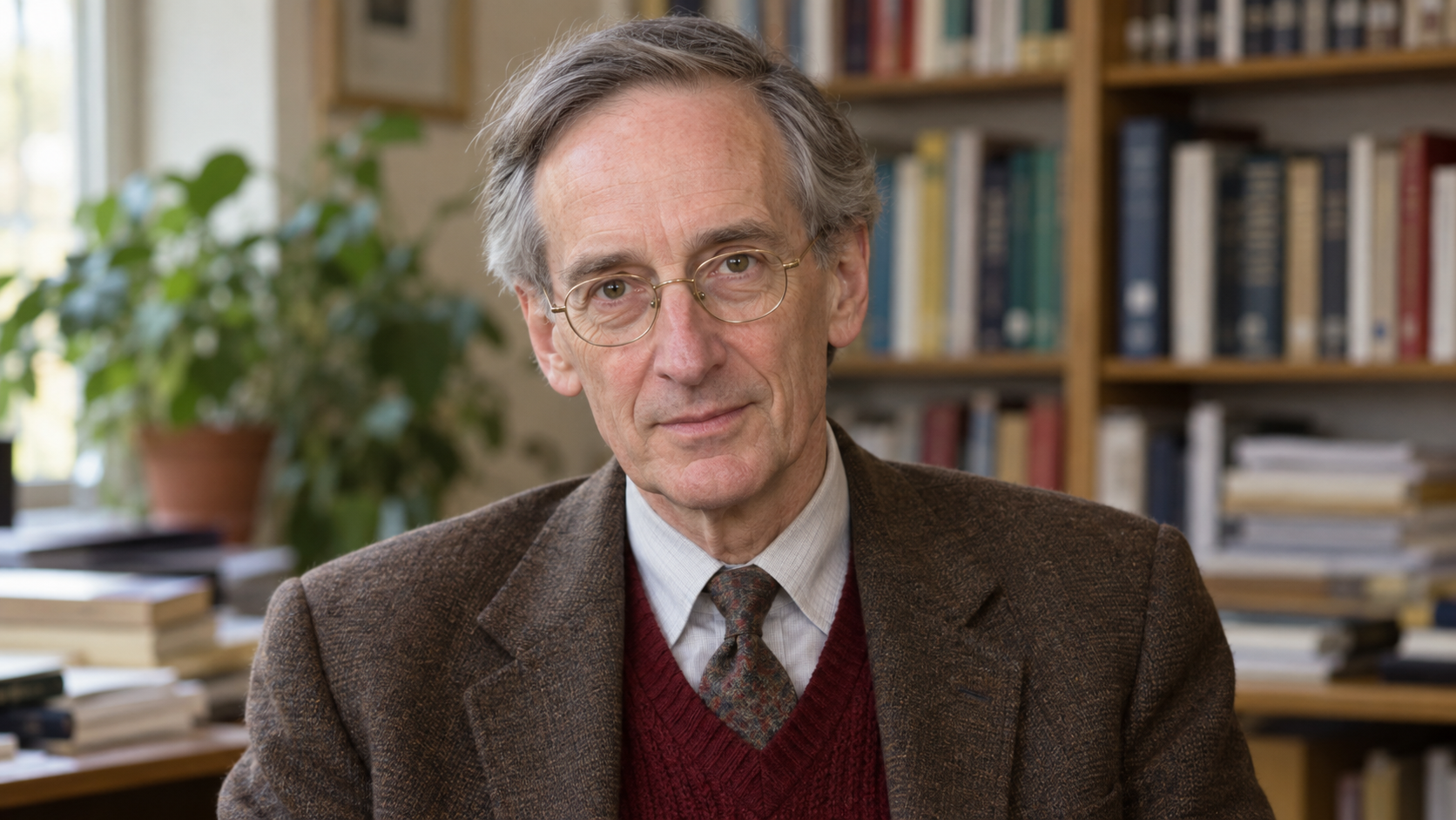 AI-generated realistic portrait of Geoffrey Rose in a recreated public-health academic office.