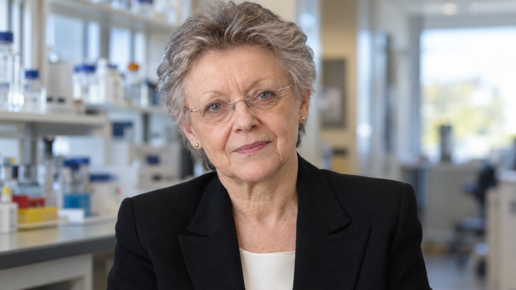 AI-generated realistic portrait of Françoise Barré-Sinoussi in a recreated research office.