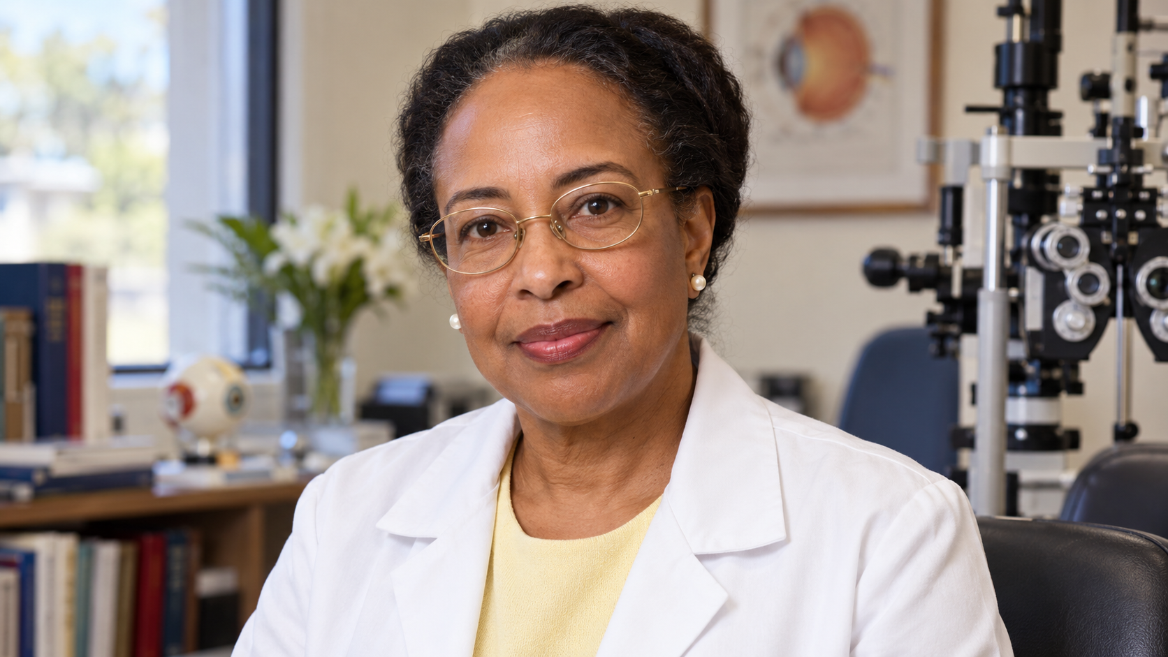 AI-generated realistic portrait of Patricia Bath in a recreated ophthalmology teaching office.