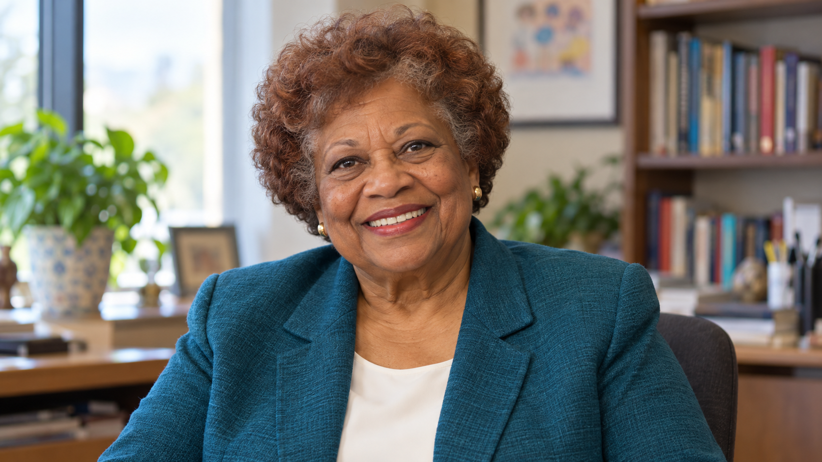 AI-generated realistic portrait of Joycelyn Elders in a recreated pediatric teaching office.