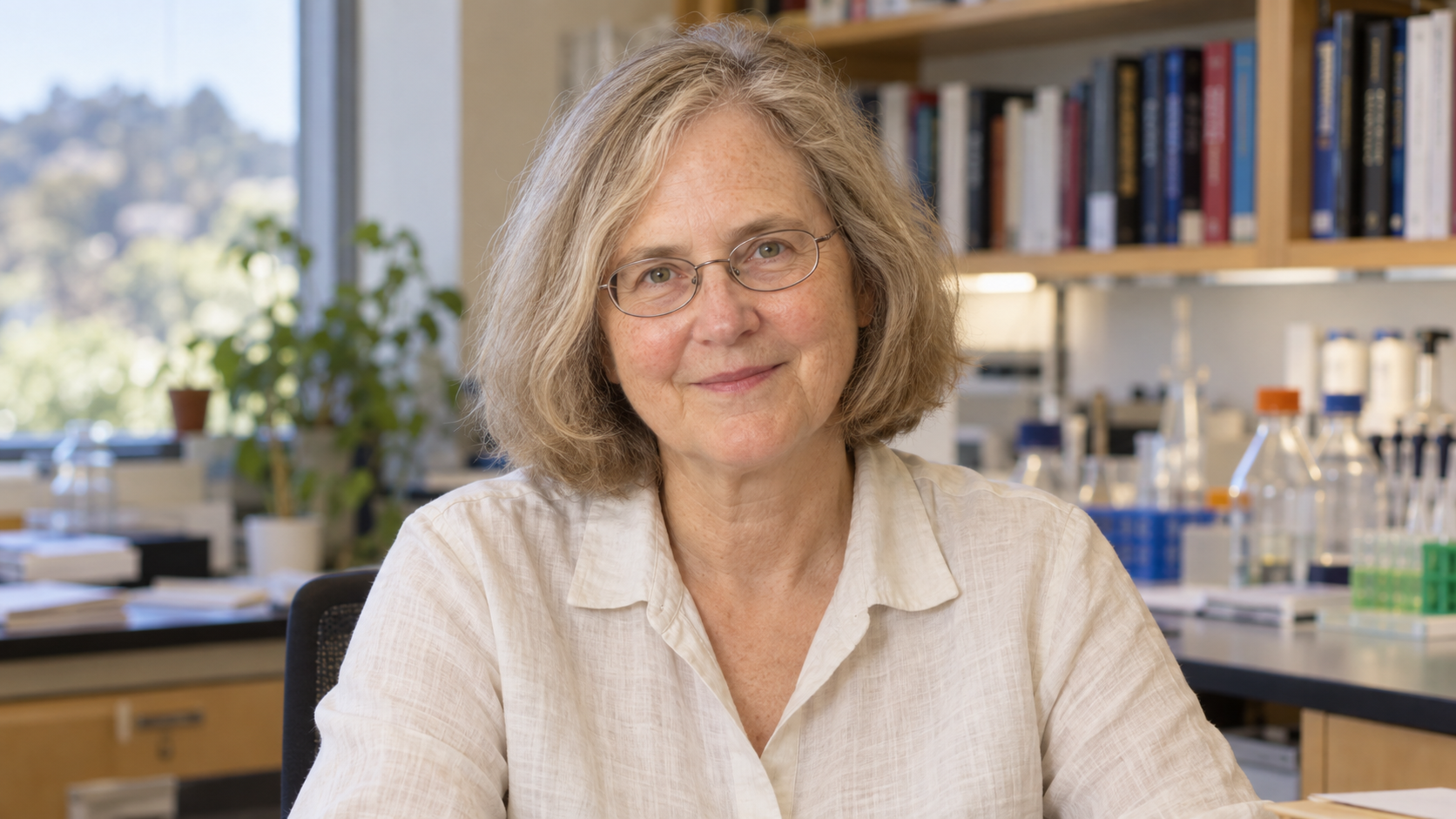AI-generated realistic portrait of Elizabeth Blackburn in a recreated university research office.
