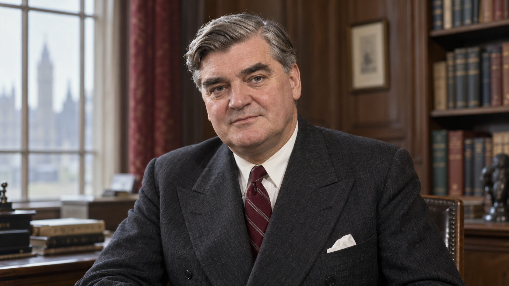 AI-generated realistic portrait of Aneurin Bevan in a recreated early 1950s British study.