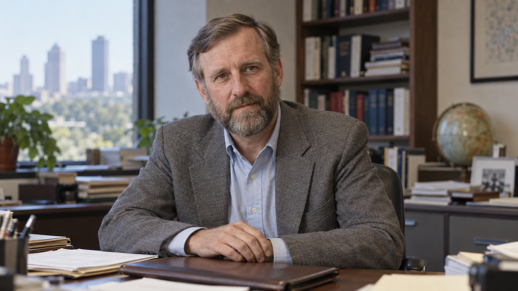 William Foege seated in a public health office, AI portrait recreation