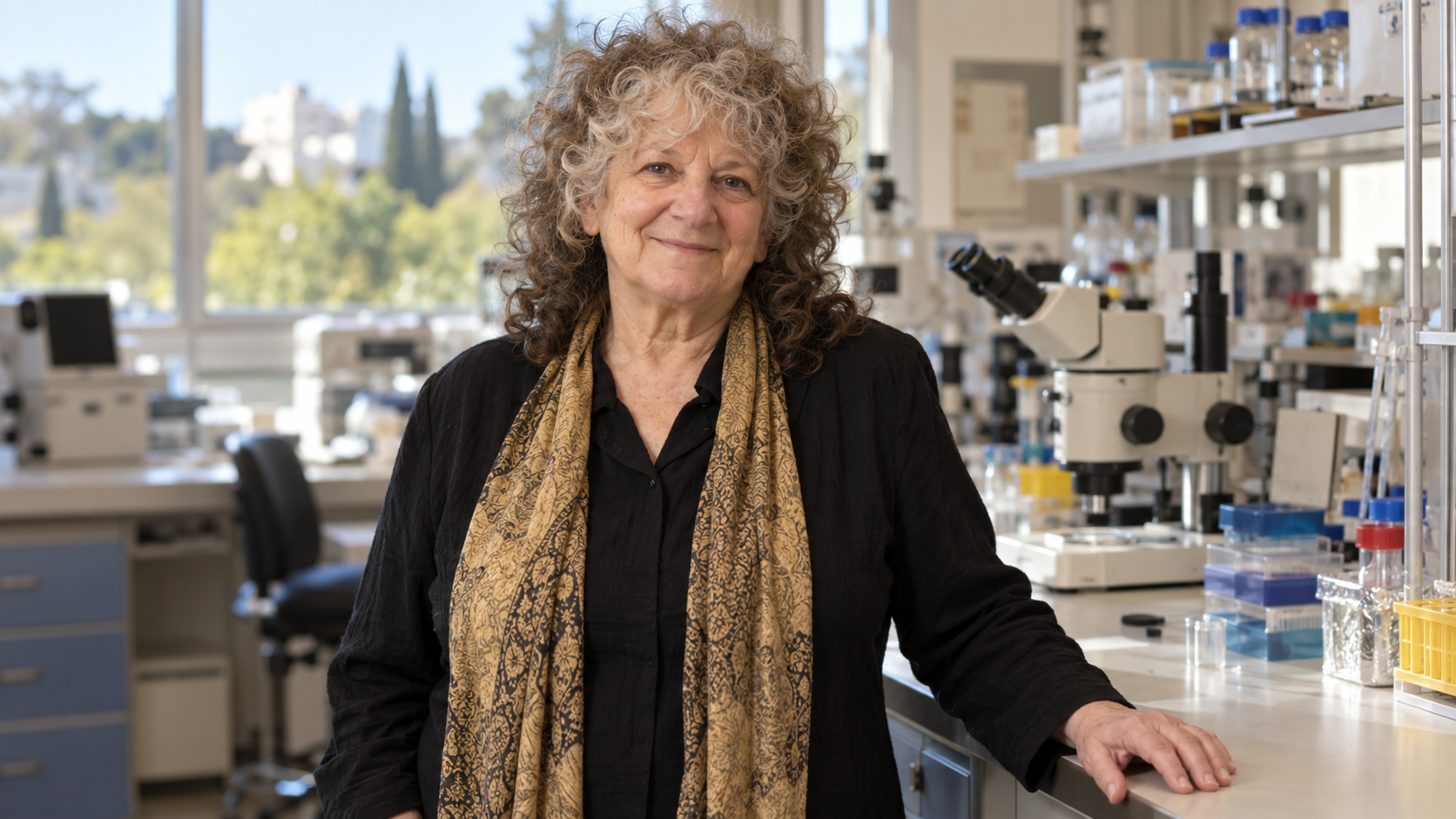 Ada Yonath standing at a structural biology laboratory bench, AI portrait recreation