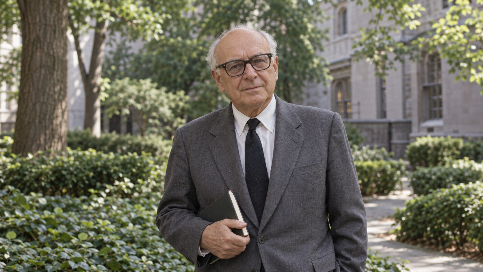 René Dubos standing in a university garden, AI portrait recreation